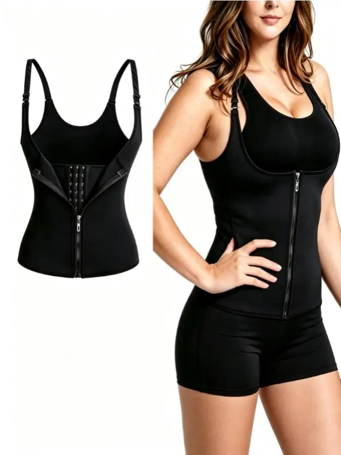 Women's plus-size neoprene waist trainer vest with zipper, adjustable hooks, tummy control—hourglass shapewear for workouts and postpartum use