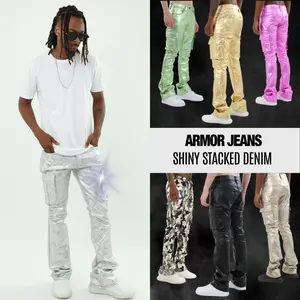 Shiny Stacked Denim Men Jeans 2023 Streetwear Pants by Armor Jeans: 36" Inseam, Unique Design, Stretchable Cotton, 8 Colors Menswear Trouser Leather look stacked shiny Shade