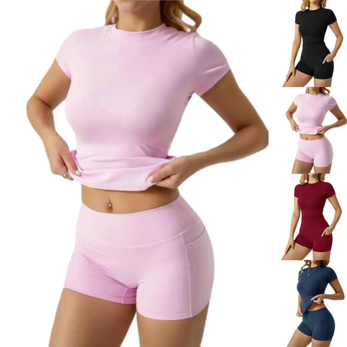 Women's 2 Piece Gym Set, Stretch Nylon Spandex Matching Workout Outfit with Tummy Control Top and Side Pocket Shorts, 2 Piece Sets, Quick Dry