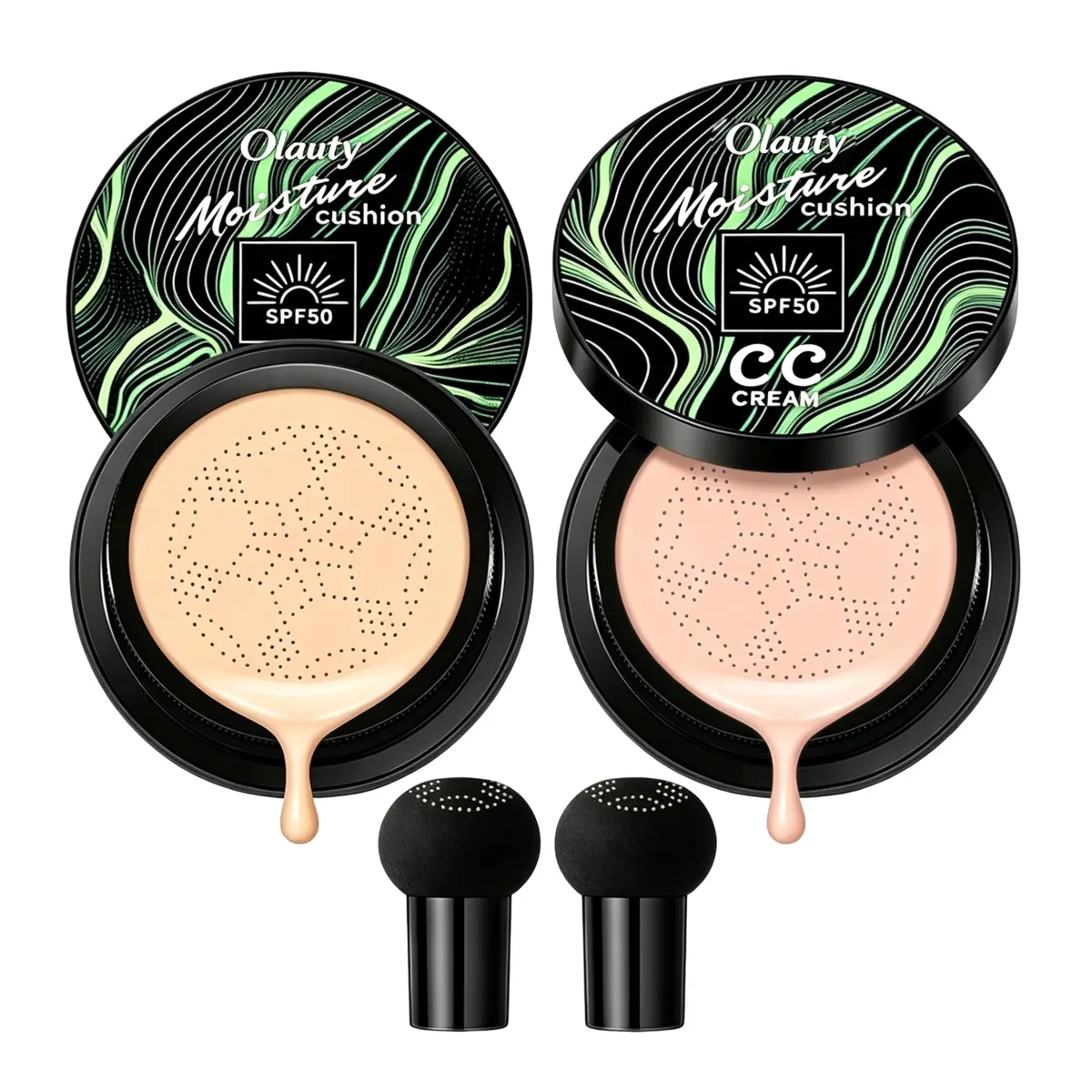 2Pcs Sunscreen Cushion Foundation Air Cushion CC Cream, SPF 50 Long Lasting Oil Control BB Cream, Moisturizing Foundation Face Makeup Set with Mushroom Head Puff, Color Correcting Tinted Moisturizer