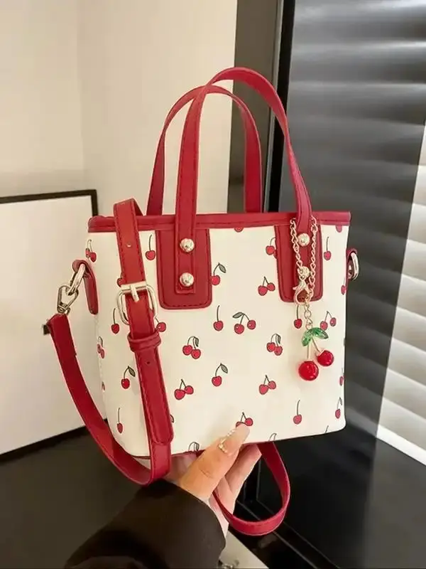 Women's All Over Cherry Print Handbag with Cute Cherry Charm Decor, Fashionable Zipper Closure Crossbody Bag for Daily Commute, Casual Trendy Versatile High-quality Daily Commuting Bag Travel Backpack Faux Leather