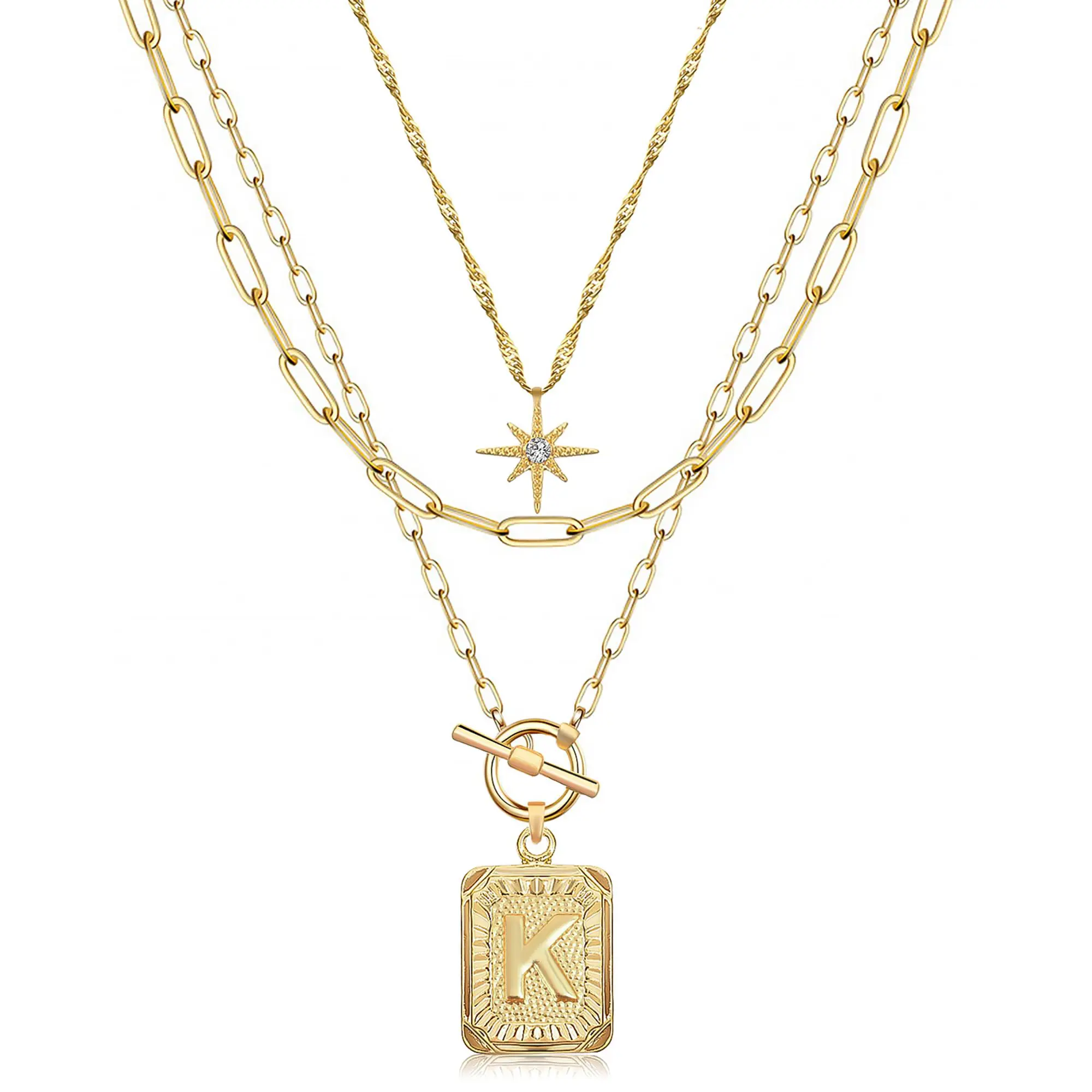 PeregrinaX Layered Initial Necklaces for Women Trendy, 14K Gold Plated Brass Simple Star Choker Square Letter Pendant Necklace, Paperclip Chain Necklaces Jewelry Gifts