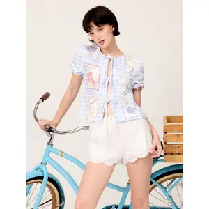 Cider Linen-blend Gingham Fruit Graphic Tie Front Puff Sleeve Oversized Blouse SwimWeek
