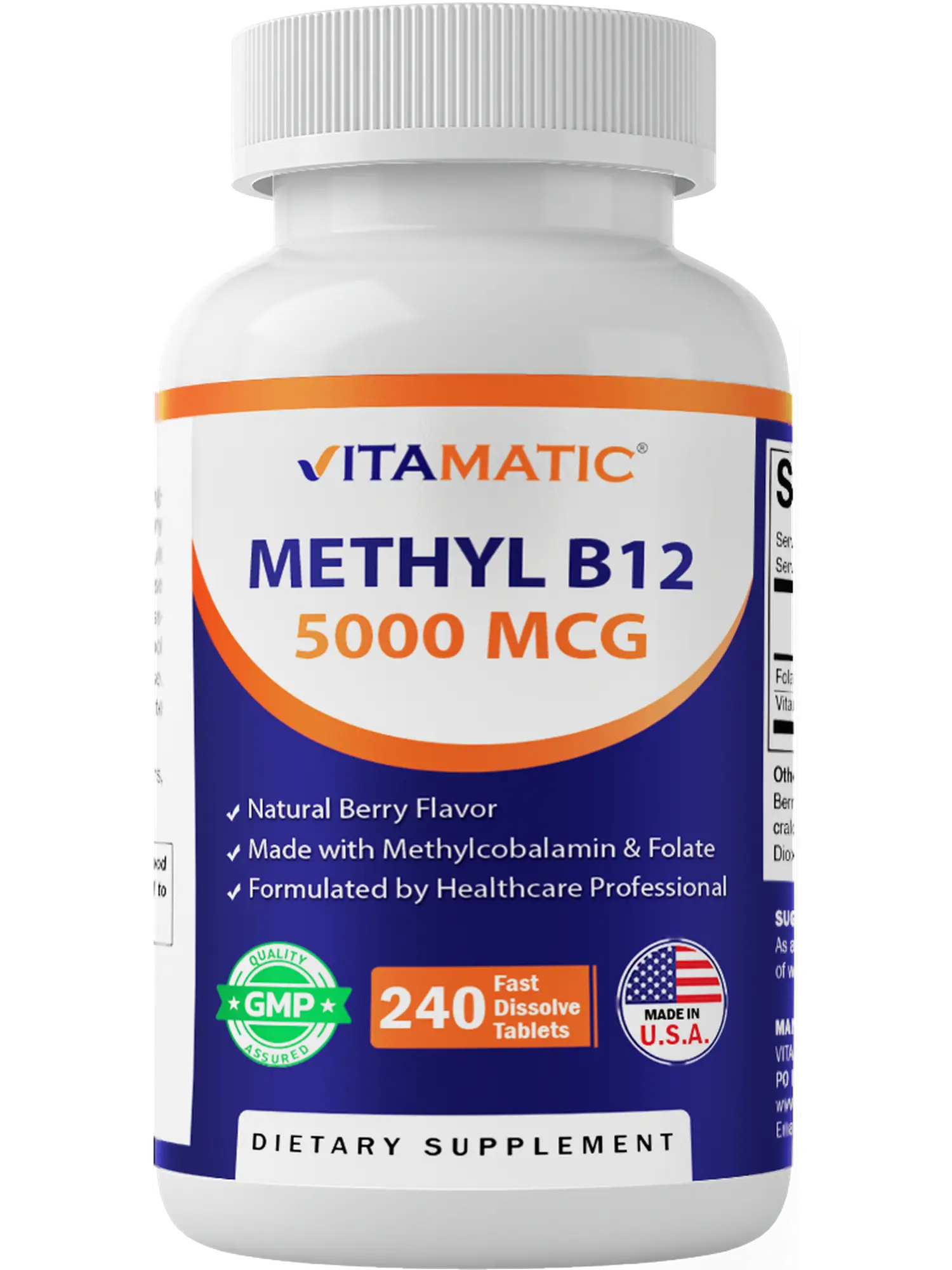 Vitamatic Organic Methyl B12 Vitamin 5000 mcg Fast-Dissolve Edible Tablets - Sugar Free, Natural Berry Strawberry Flavor, 240 ct, Methylcobalamin & Folic Acid, Energy Boost, Nervous System Support, Youth Support, Dietary Supplement, Brain Health