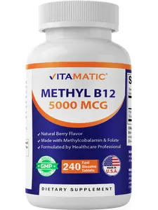 Vitamatic Methyl B12 5000 mcg - Natural Berry Flavor - 240 Fast Dissolve Tablets - Methylcobalamin & Folic Acid for Energy & Nervous System Support - Healthcare Vitamin Supplement - Dietary
