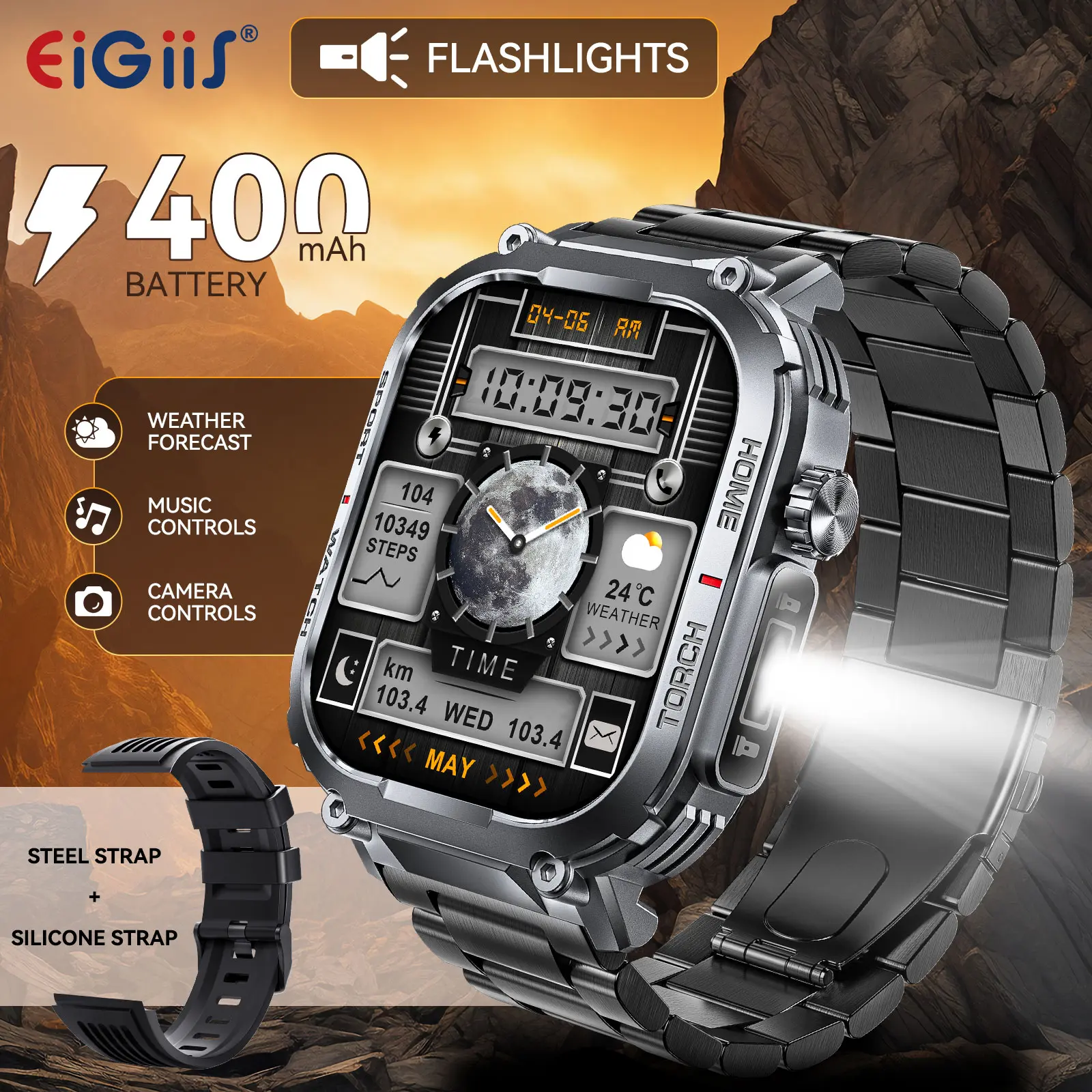 Rugged Smart Watch for Men (Bluetooth Calls) with LED Flashlight, Outdoor Sport Smartwatch with Compass & Multi-Sport Modes, Heavy Duty Digital Wrist Watch with Info Reminder, Cool Tech Gift for Him Compatible with iOS Android