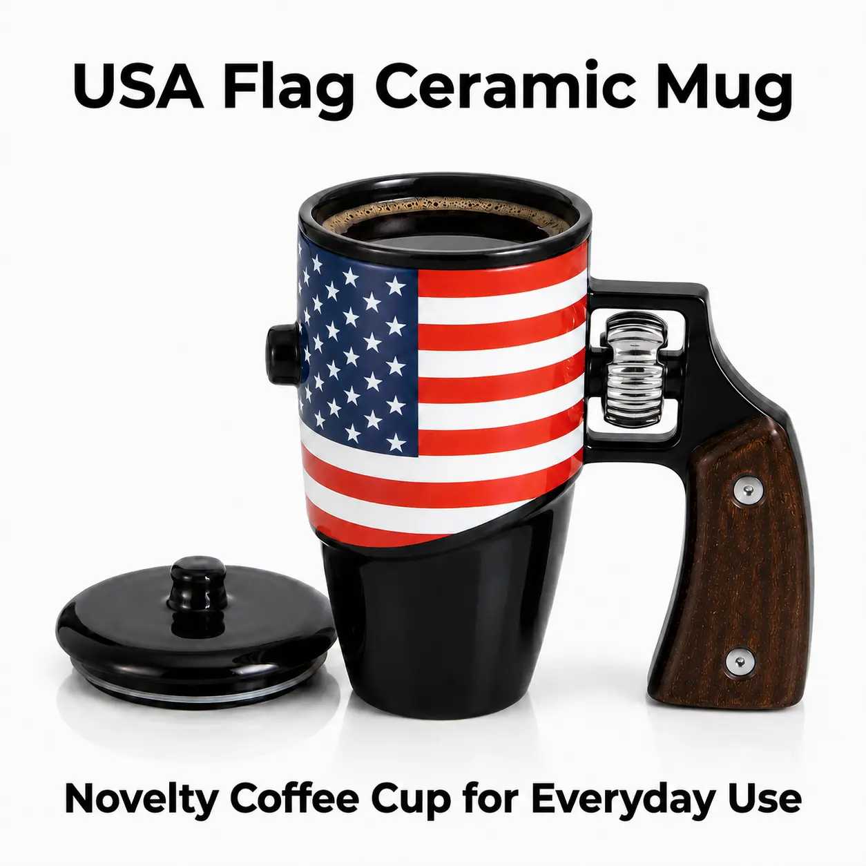 Patriotic American Flag Ceramic Coffee Mug with Lid, Sculpted Grip Handle, Ceramic Body, Rotating Fidget Feature - Birthday Gift Ideas for Dads, Morning Coffee Use, Workshop Cup, Brothers
