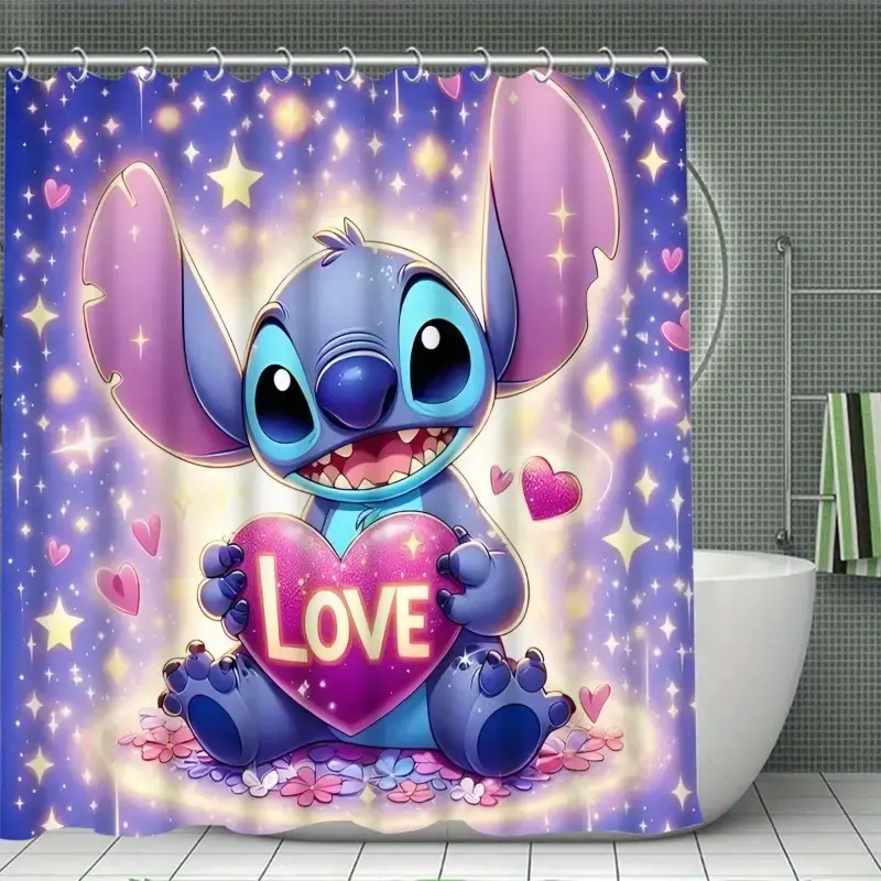 DISNEY CLASSIC Stitch Waterproof Shower Curtain - Bathroom Accessory with Plastic Hooks, Mildew-Resistant Fabric, Cute Cartoon Design for Kids' Bathrooms