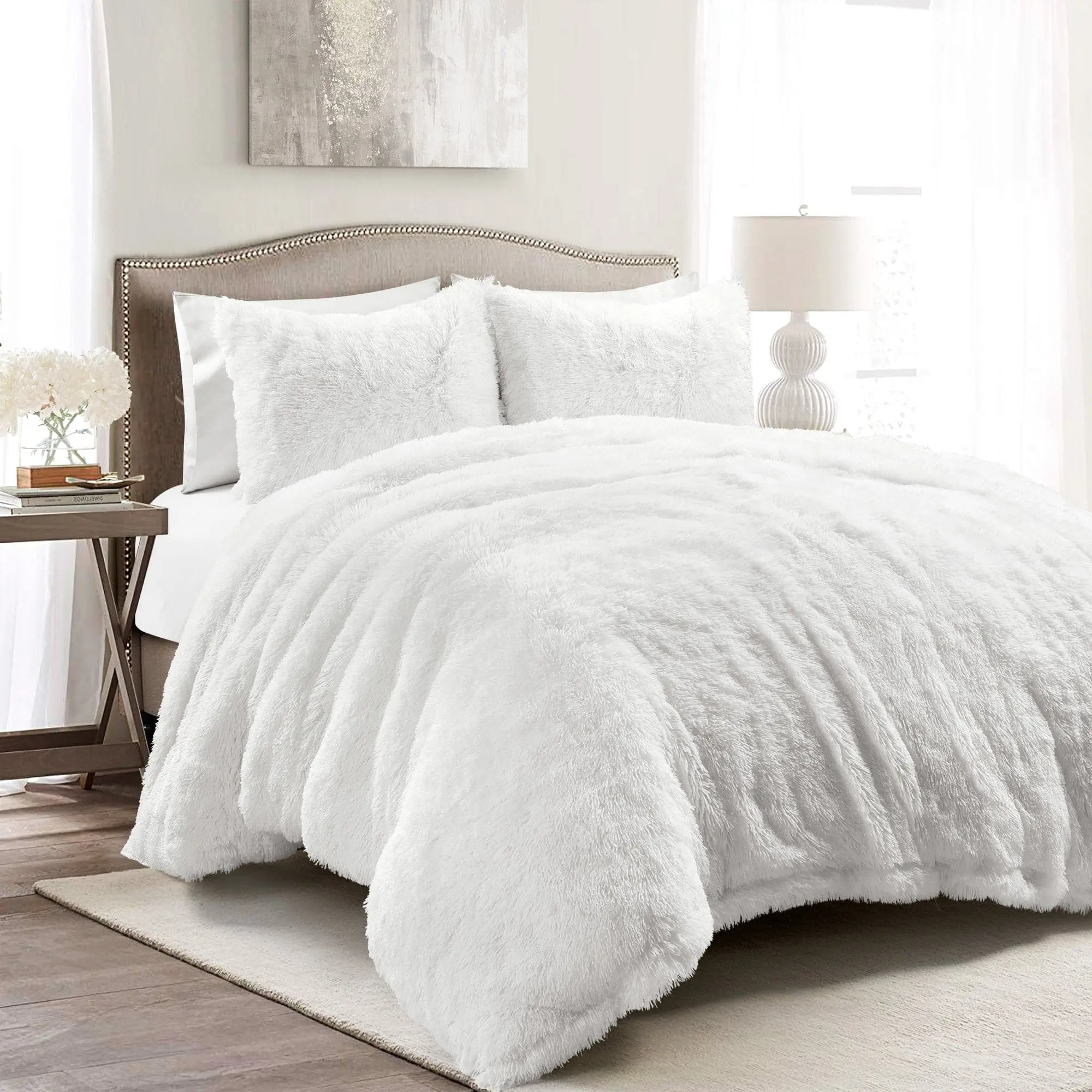 Lush Decor Emma 3-Piece Faux Fur Duvet Cover Set - Decorative Duvet Cover with Plush Fabric Polyester, Soft Design for Luxury Sleep & Neutral Look, Bedding Sets
