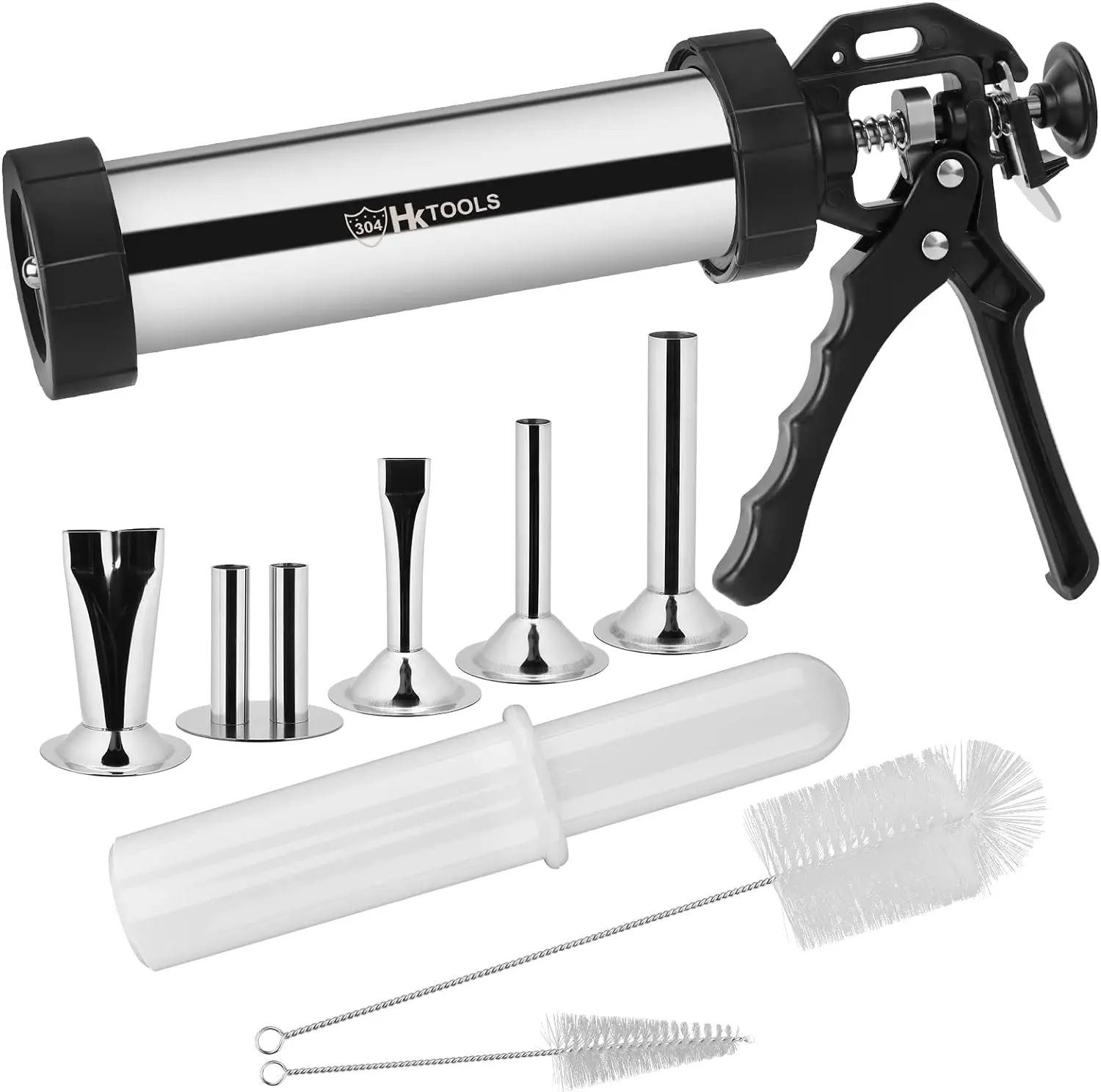 Manual Jerky Maker Gun - 2-Pound Stainless Steel Sausage Stuffer Kit with 5 Stainless Nozzles, 2 Cleaning Brushes, Easy Clean Kitchen Meat Utensils for Friends, BBQ Parties