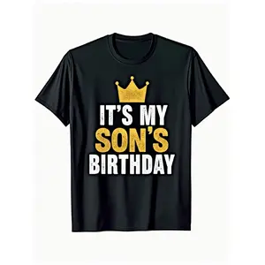 Menswear Short-Sleeve Top, Dad's Family Matching T-Shirt for Son's Birthday & Father's Day, Bold Digital Graphic Print with Golden Crown & Text, Comfortable Round Neck, Casual Fit, Machine Washable, Sizes S-XXXL (Black) Tshirt