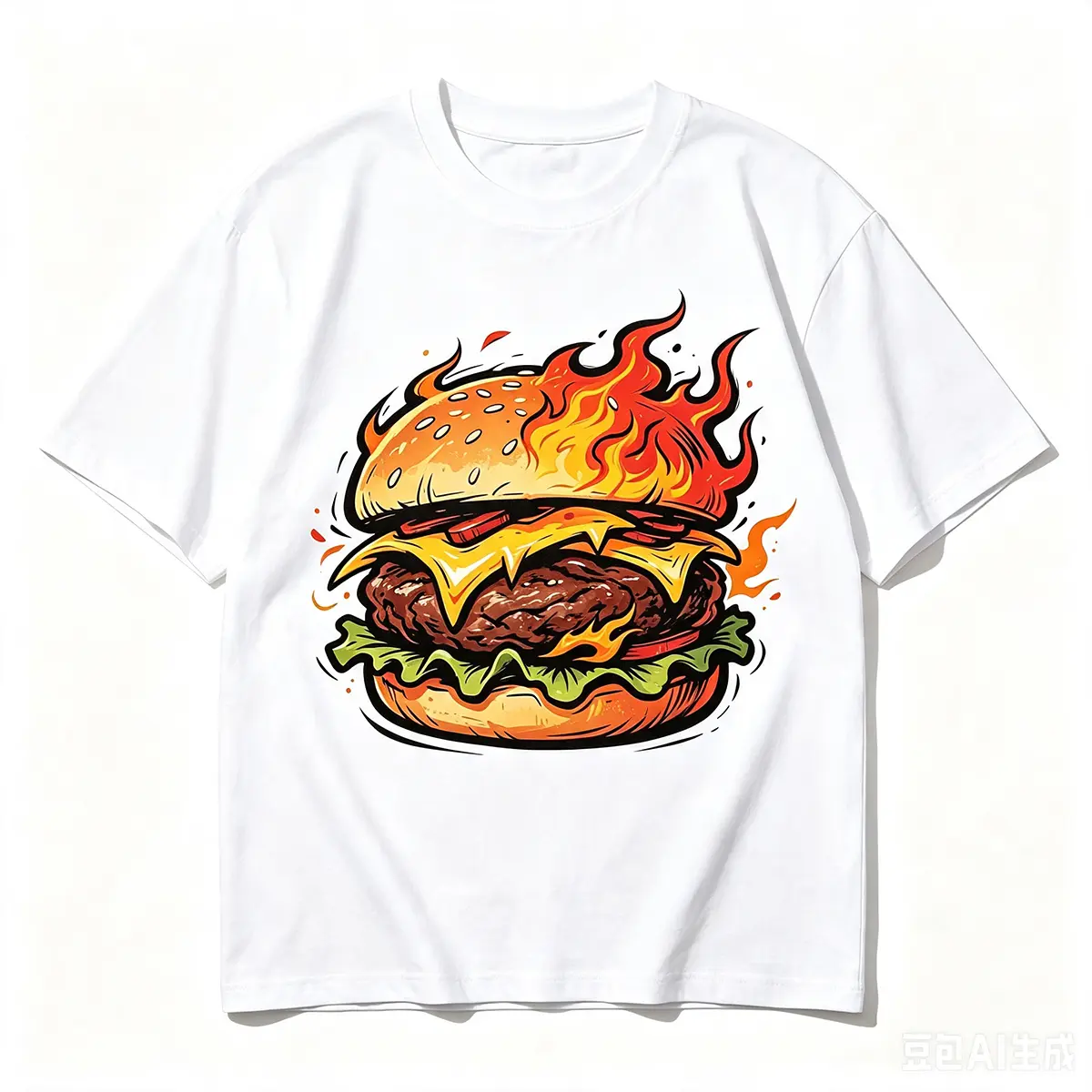 Unisex 180G Cotton Crew Neck T Shirt Flaming Retro Burger Food Graphic Casual Tee Black White