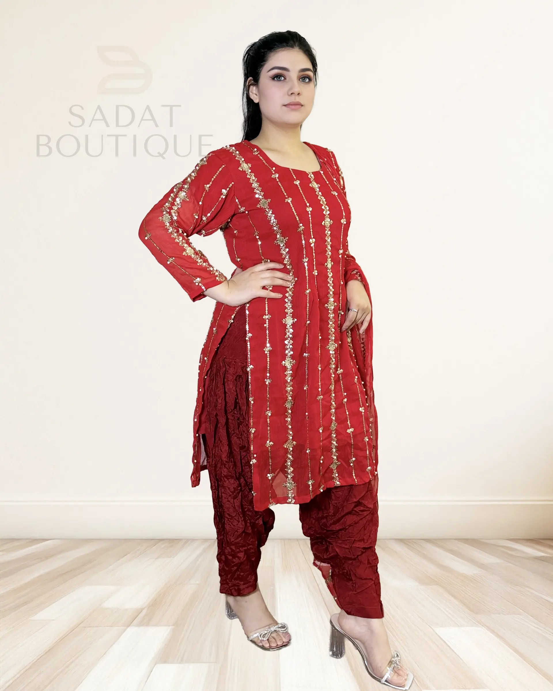 Sadat Boutique Women's Crimson Salwar Kameez - 3-Piece Lightweight Indian Outfit with Straight Kurta, Sheer Dupatta, Elegant Gold Lines, Gold Shimmer Flow, Festive & Wedding Glam