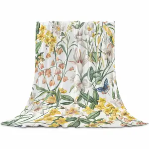 Yellow White Floral Throw Flannel Blanket for Couch Sofa Bed, Spring Farmhouse Flowers Botanical Microfiber Soft Fleece Blankets All Season Warm Cozy Bedding for Women Men Kids,