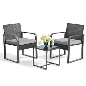 Gizoon 3 Piece Patio Bistro Set, Outdoor Black Wicker Furniture Sets, Modern Rattan Chair Conversation Sets with Coffee Table, for Yard, Garden, Balcony, Poolside, Grey Lounge Home