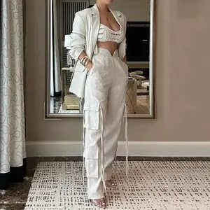 Apricot Two-Piece Set Women's Outfits Trendy Multi-Pocket Blazer and Wide-Leg Pants European American Style Casual Chic Fashion Womenswear Suits Clothes Basic Gamis Trouser Long Sleeve Minimalist