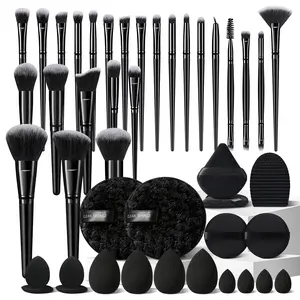 Portable Black 44-Piece Makeup Brush Kit Makeup Tool Set for Application - Includes 25Pcs Makeup Brushes for Foundation, Makeup Sponges, Finger Puffs, Triangle Puffs, Circular Makeup Puffs, Cleaning Sponges, Brush Cleaner Mat - for a Stunning Look