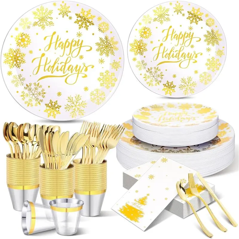 175 Pcs Christmas Plastic Dinnerware Set White and Gold Disposable Plastic Plates with Happy Holiday Design, Gold Rim Cups Plastic Silverware Napkins for Christmas Party, Serves 25 Guests