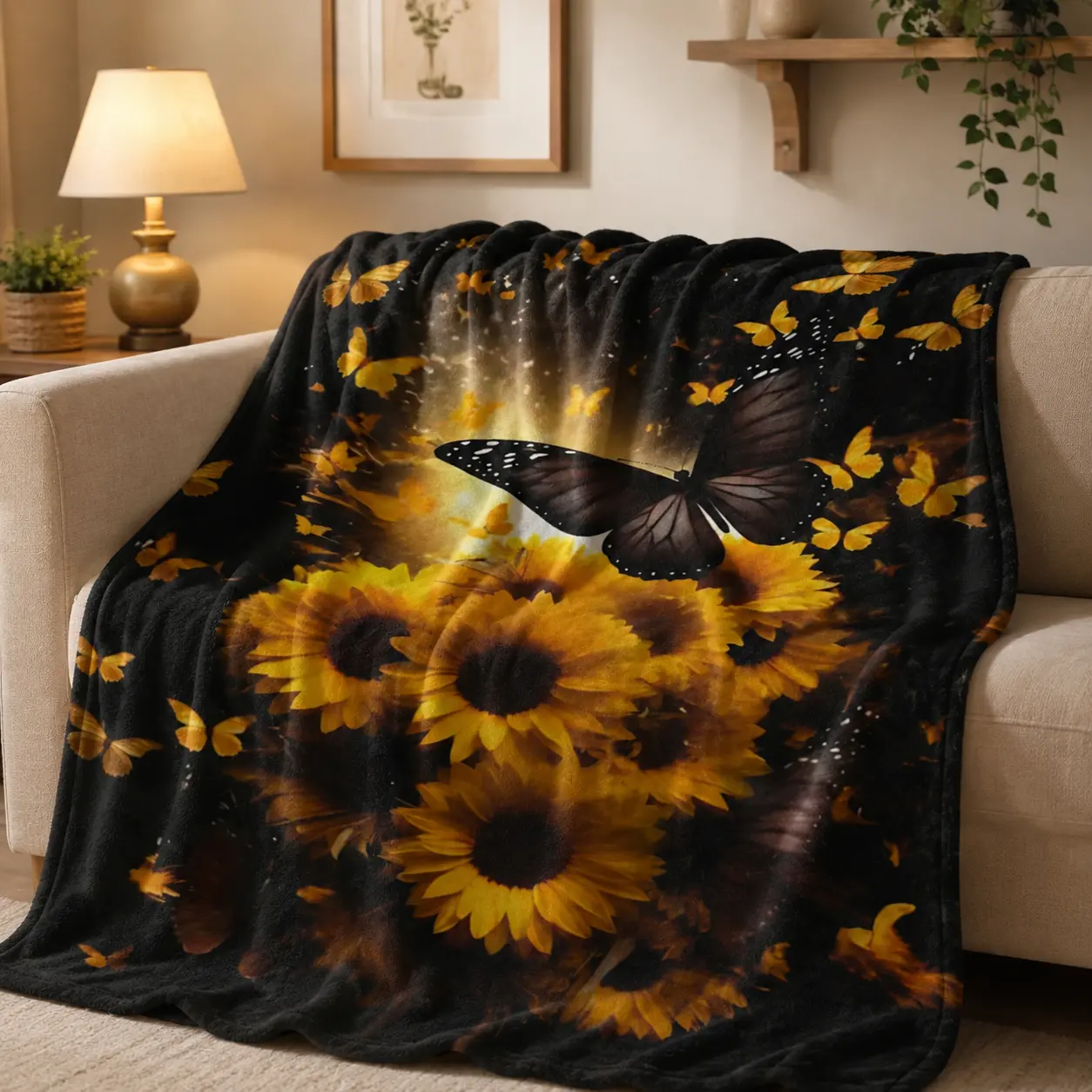 Sunflowers and Butterflies Flannel Throw Blanket, Soft Cozy Aesthetic Fleece Blankets for Couch Bed, Warm Sunflower Decor Gift for Women Girls, 50"x60"