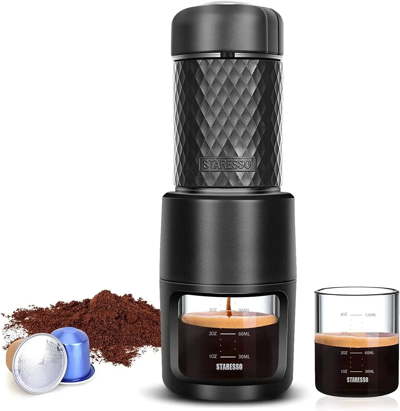 STARESSO Classic Compact 80ml Single Unit Portable Espresso Maker, 2-in-1 Coffee Making Tool Compatible with Capsules & Ground Coffee, Manual Hand Press for Travel, Camping