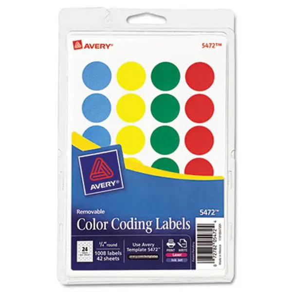 Avery 05472 Organizing Print-or-Write Removable Adhesive Labels & Stickers for Labeling, 3/4 inch Dia Assorted Colors for Color-Coding & Organizing, No Residue, Easy Removal, 1008/Pack