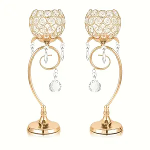 2 pieces of golden modern European-style crystal candlesticks, suitable for table decoration at love wedding parties, creating a romantic dinner atmosphere, enhancing the ambiance, and for birthday celebration events, etc.