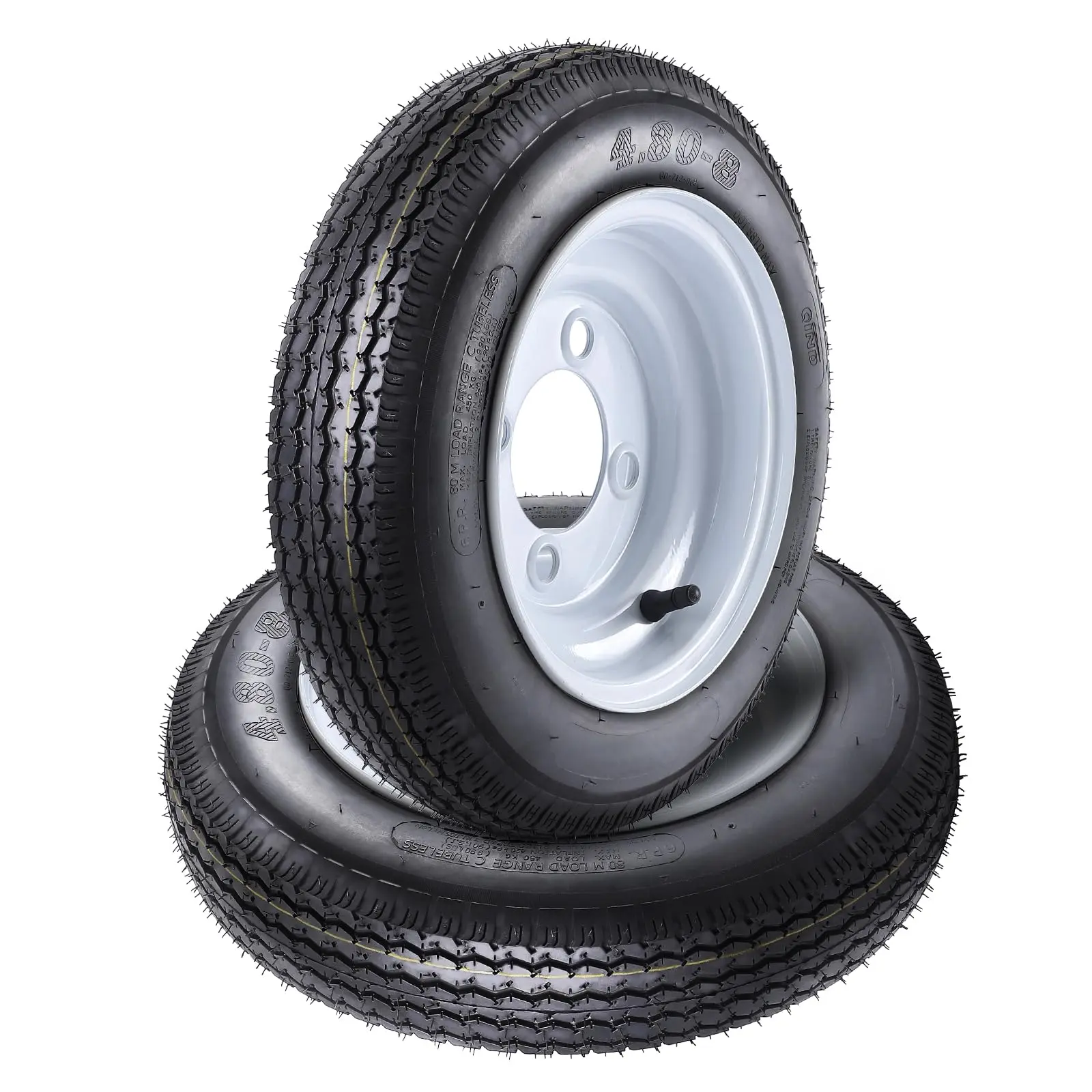 New Upgraded 2pcs 4.80-8 6PR 4.80x8 480-8 Trailer Tires with 8'' Rims, 4 Lug on 4'', Load Range C, 6PR, 760 LBS Load Capacity, Fit Travel/Camper/Utility/Boat Trailers2 Pack