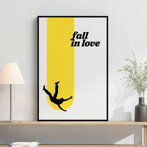 Fall in Love Art Poster – Yellow Minimalist Wall Art with Black Human Silhouette, Modern Emotional Love Poster for Home, Bedroom, Office & Creative Spaces