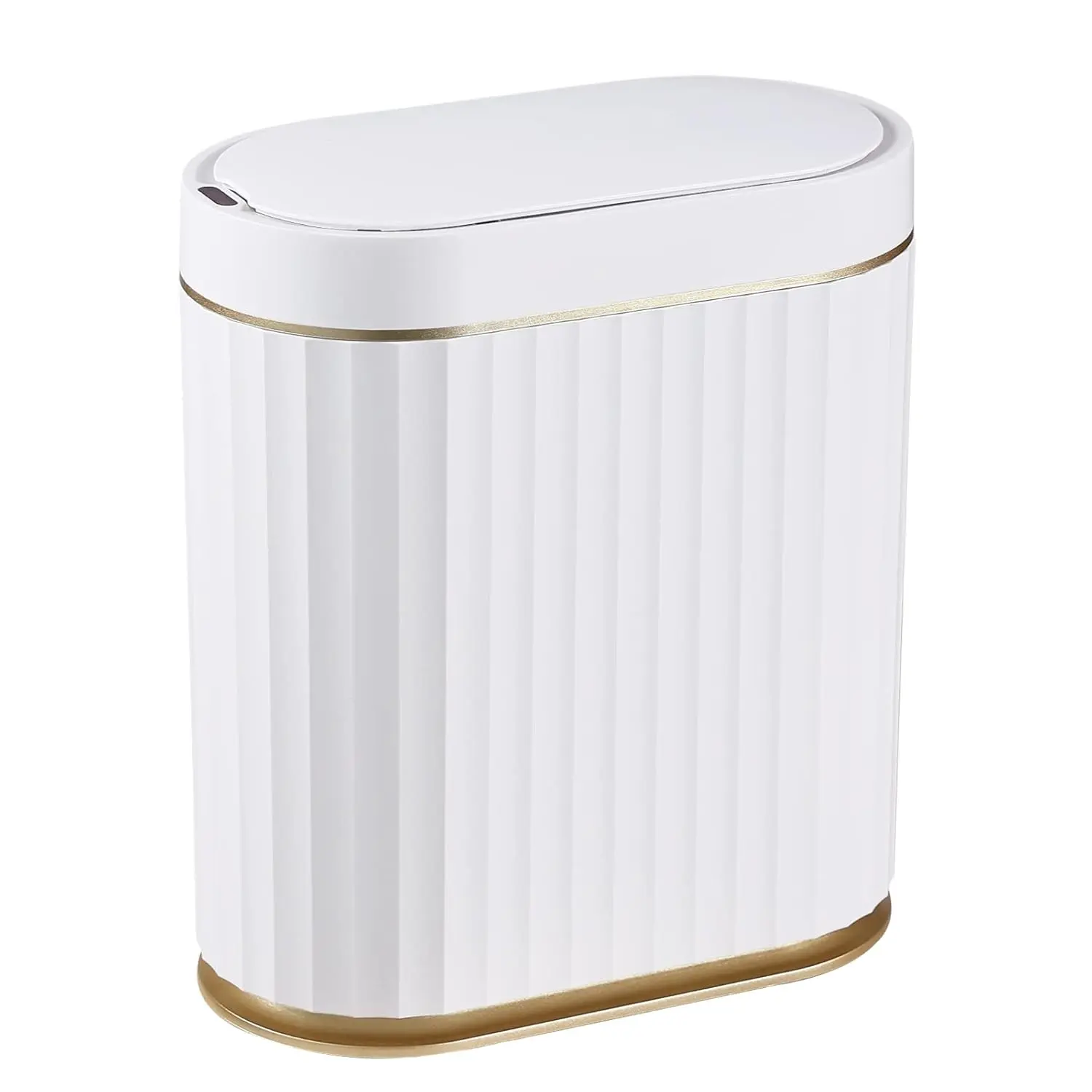 Lidded bathroom trash can, 2-gallon sensor trash bin, automatic trash can, motion-sensor trash bin, IPX5 waterproof plastic trash bin, suitable for bathroom, bedroom, kitchen, office, white and gold