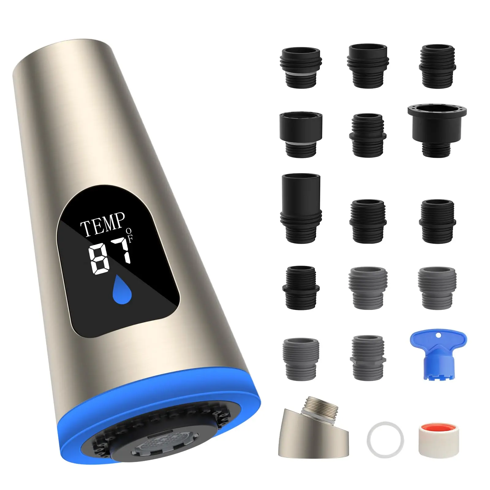 Hibbent Pull-Down Kitchen Faucet Head Replacement - 4-Function LED Temperature Display Sink Sprayer, Multifunctional Faucet Nozzle Attachment Compatible with Moen, American Standard, Delta, Kohler, Aerator, Brushed Kitchen Taps, Faucet Attachment, Multifu