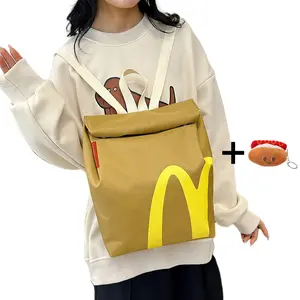 McDonald's Retro Paper Bag Large Capacity Backpack Cute Personalized Shoulder Crossbody Bag Casual Canvas Backpack Notebook Bag，with Hamburger keychain Backpack