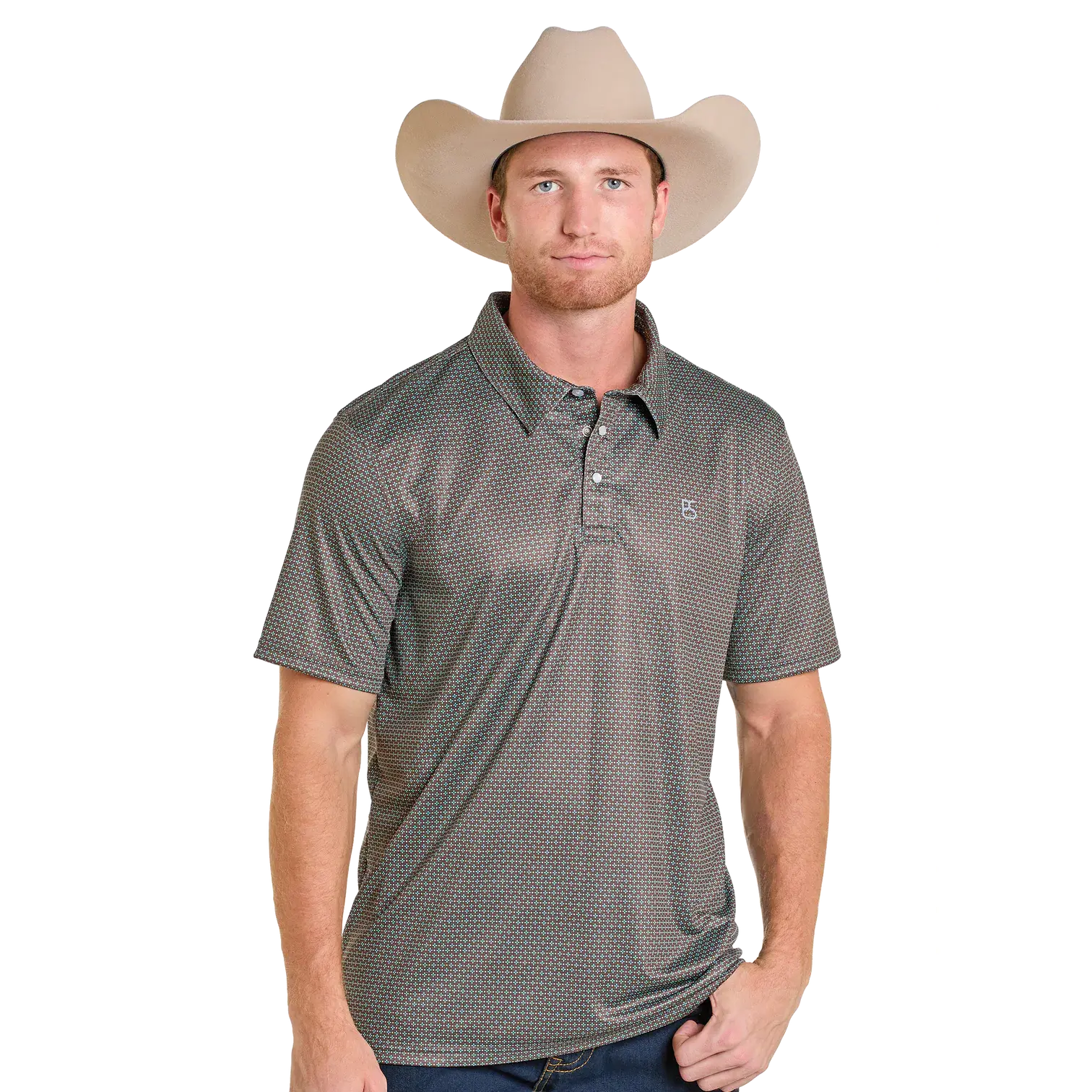 Mens Panhandle Slim S/S Performance Polo W/Pearl Snap Brown Print☑️