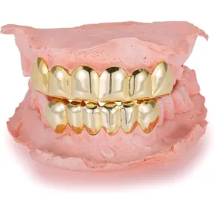 Grillz - Gold & Silver 6/8 Teeth Top & Bottom Grillz Set for Men and Women, 14K Gold Plated Teeth Caps for Halloween Costume Accessories