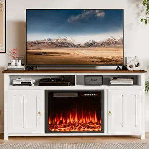 【2 Packages Shipping】PUKAMI 58" Fireplace TV Stand with 23" Electric Fireplace Up to 65" TVs, 29" Tall Farmhouse Wood Entertainment Center with Open Storage Shelves and Cabinets, Media TV Console for Living Room