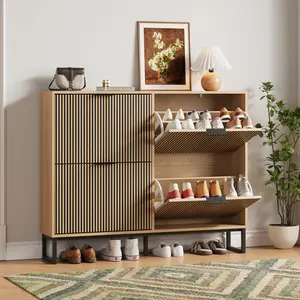 Narrow Wooden Shoe Cabinet with 4 Flip Drawers, Freestanding Hidden Shoe Rack Storage Cabinet for Entryway Hallway Space Saving Shoe Organizer