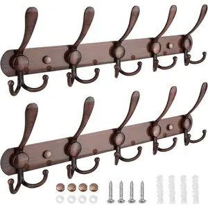 Wall Mounted Coat Rack, Five Heavy Duty Tri Hooks All Metal Construction for Jacket Coat Hat in Mudroom Entryway (Antique Bronze, 2-Pack)