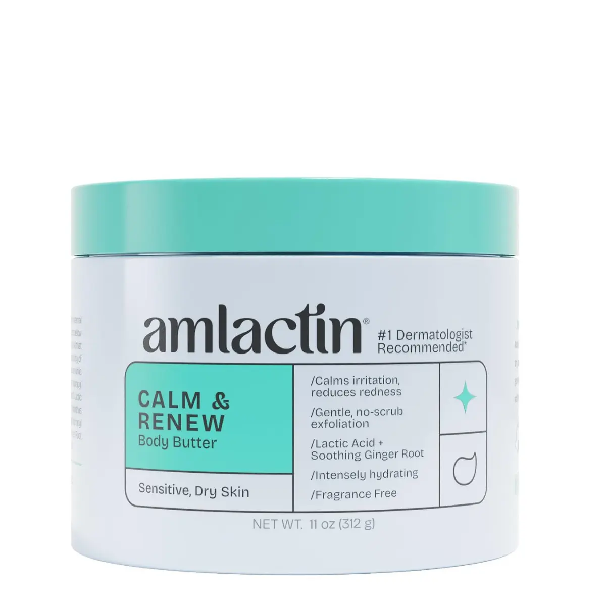 AmLactin Calm & Renew Body Butter for Sensitive Dry Skin, 11 oz - Rich Lactic Acid & Ginger Root Formula, Exfoliates and Moisturizes for Softer, Smoother Skin
