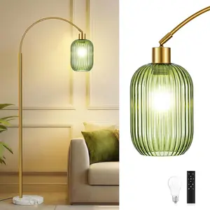 COTTHOS Floor Lamp for Living Room, Modern Gold Lamp with Ribbed Glass Lampshade Marble Base, 68" Glass Tall Lamp with Remote Control and Pedal Switch for Bedroom (6000K LED Bulb Included)