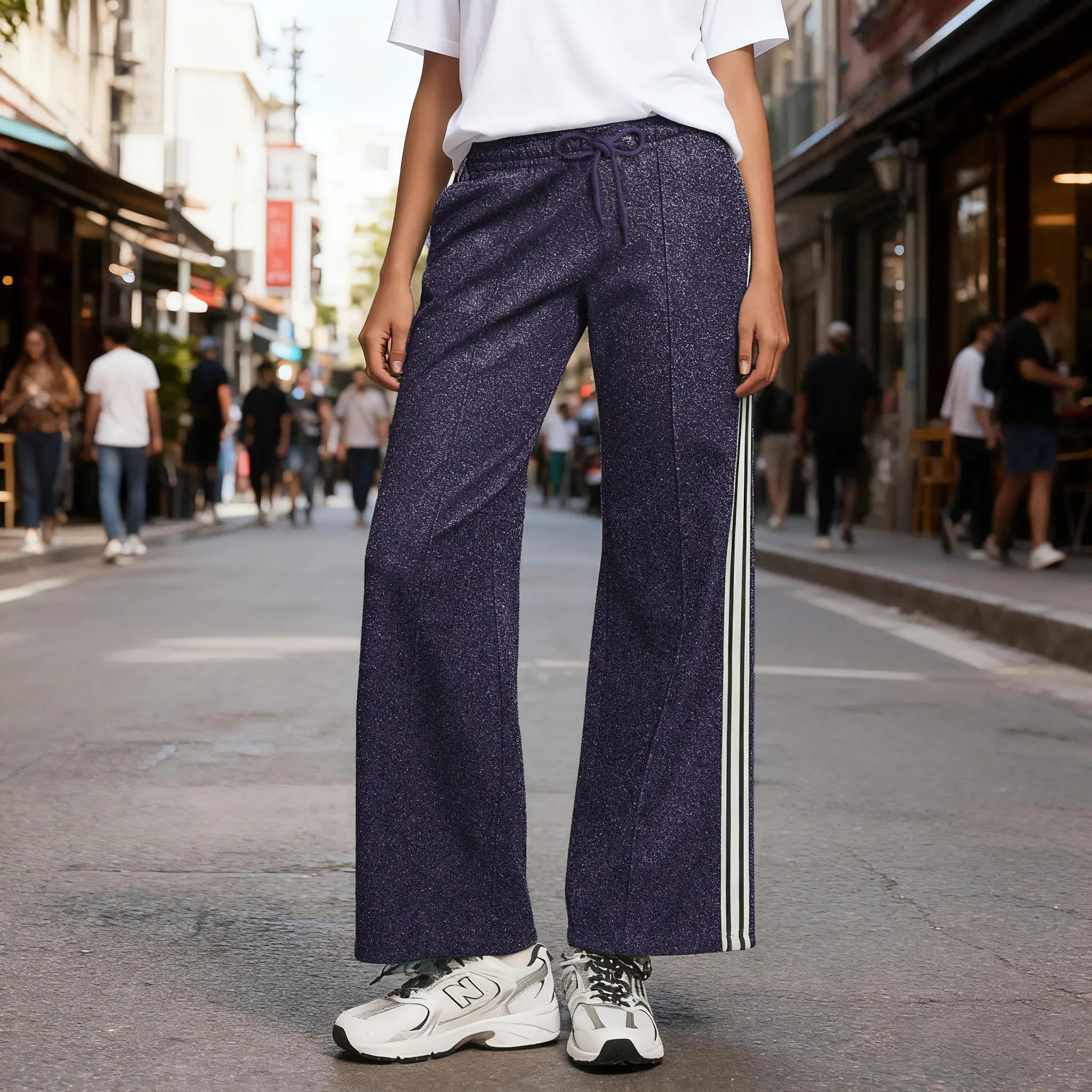 FISOEW Sports  2026 Summer Spring Women's Glitter Wide-Leg Sweatpants Elastic Waist Drawstring Pants with Contrast Stripes & Side Pockets Casual Retro Track Pants dark green black  long  pants, Womenswear Athletic Bottom Activewear