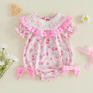 Imcute Infant Baby Girls Birthday Romper Short Sleeve Crew Neck Embroidery One Silly Goose Print Infant Onesie Smocked Bodysuit Summer Clothes