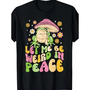 Let Me Be Weird In Peace Cute Goblincore Frog T-Shirt - Unisex Adult Retro Graphic Tee with Whimsical Frog & Mushroom Design, 220gsm Heavyweight Pure, with Multicolor Print, All-Season Casual Wea, PLUS SIZE