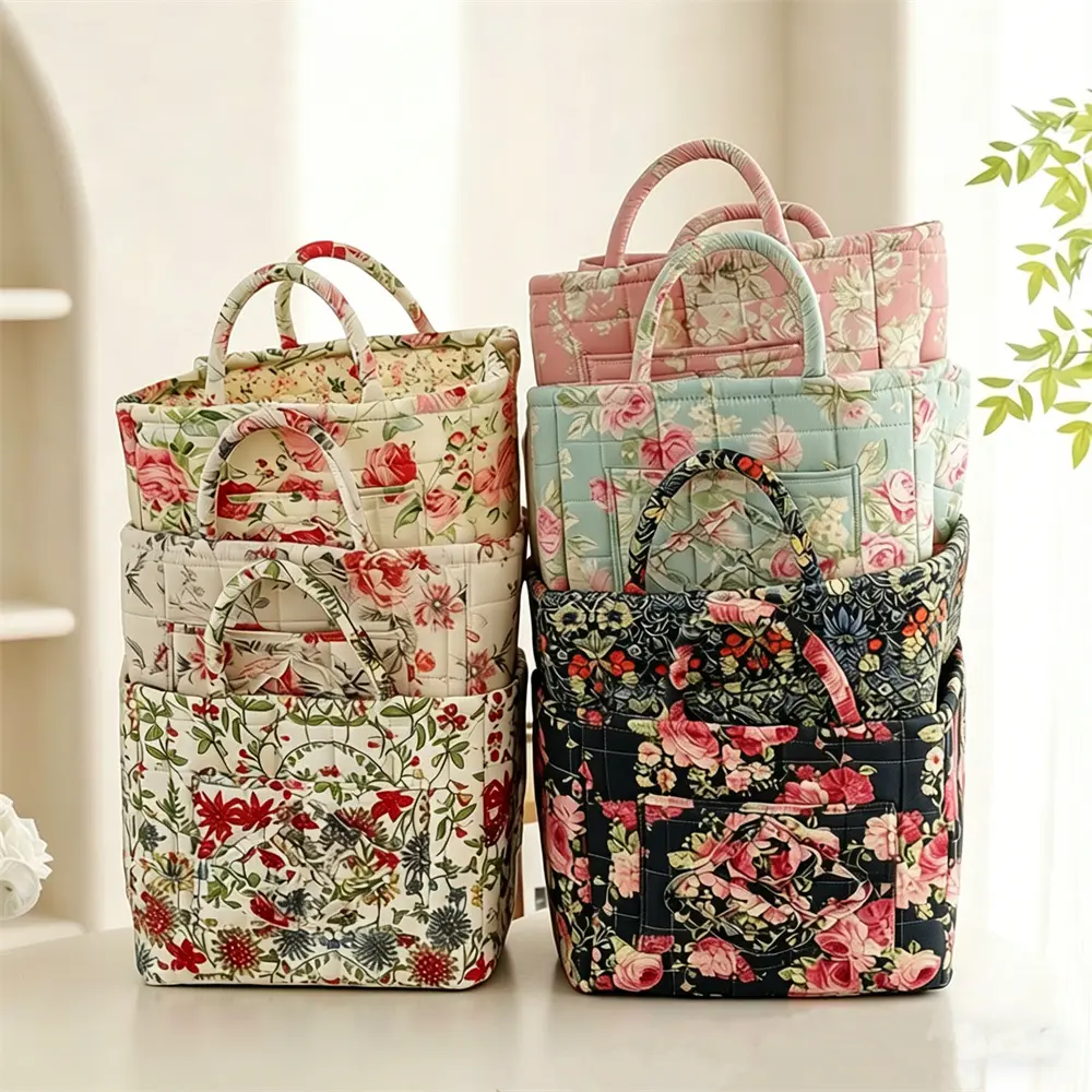 Vintage Floral Quilted Polyester Tote Bag for Women, Large-Capacity Handbag with Floral Print, Home Organizer Storage Tote for Daily Use