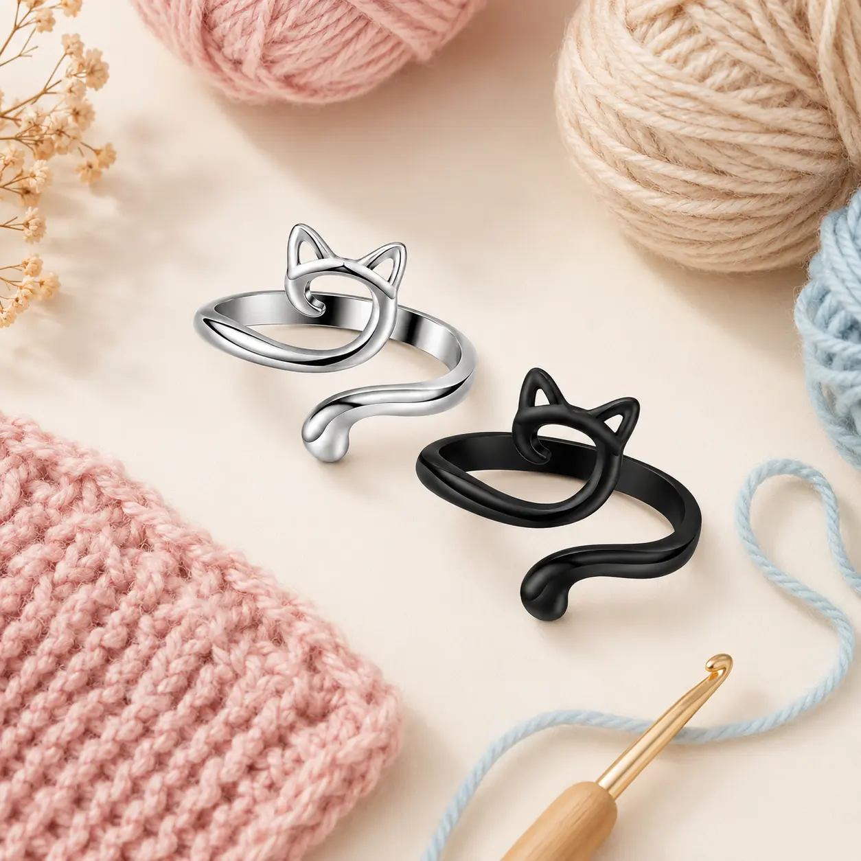 2PCS Crochet Ring, an Adjustable Thread Guide Ring Used to Control Tension, a Cute cat Ring, Suitable for Quick Crochet., SilverBlack