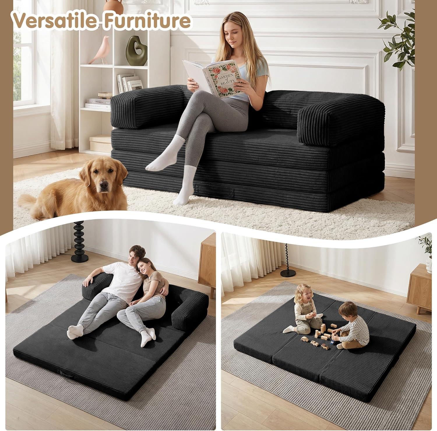 Winzoo 5-in-1 Convertible Sofa Bed,Boneless Couch Tri Folding Floor Mattress with Removable L-Shaped Armrests & Handle,Corduroy Futon Couch Sleeper with Pull Out Bed for Living Room Bedroom Apartment