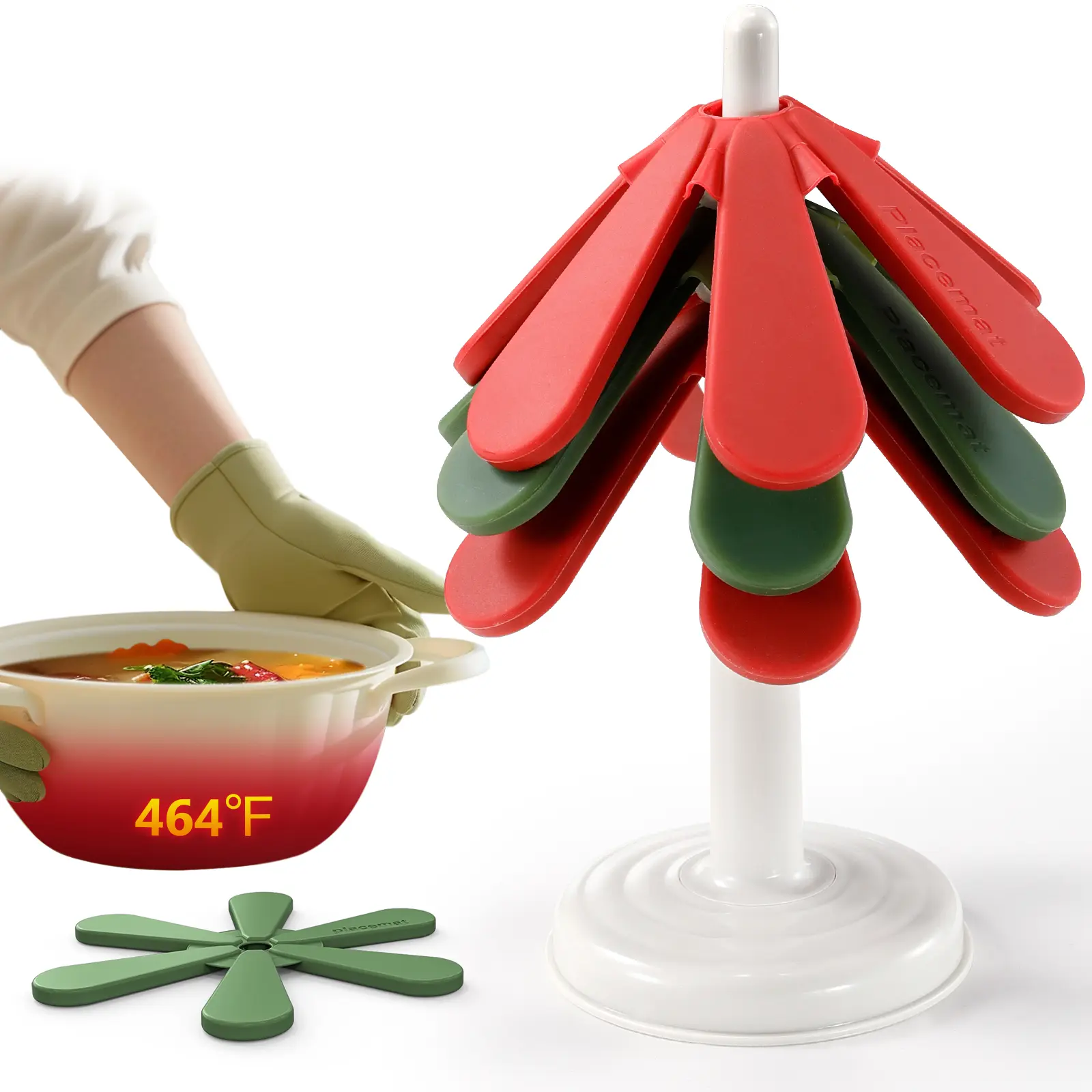 3-Pack Festive Christmas Silicone Tree Trivet Set - Waterproof, Stackable Oven-Safe Heat-Resistant Kitchen Mats, Decorative Holiday Coasters, Tableware Protectors & Kitchen Organiser