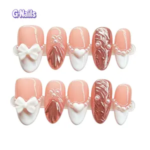 G-Nails A87 10pcs Handmade Press On Nails Reusable Hailey Almond Nails with 3D Bow Rose Pink Mirror Glitter Design & White Bow Premium Craftsmanship