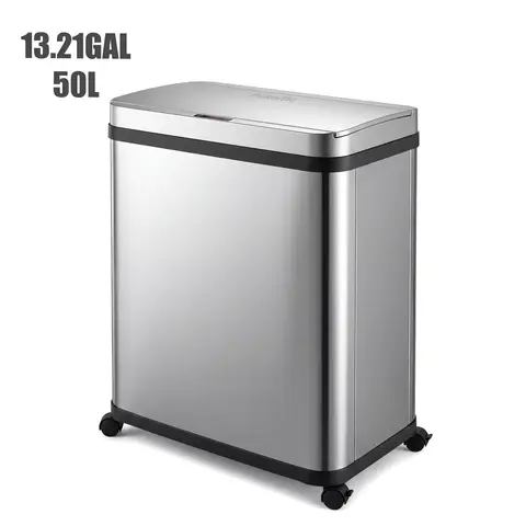 Pukomc 50L(13.21Gal) Stainless Steel Smart Sensor Wastebasket - Touchless Motion Sensor Trash Can with Infrared Induction, 4 Universal Casters (2 Lockable), Movable Home Kitchen Bin