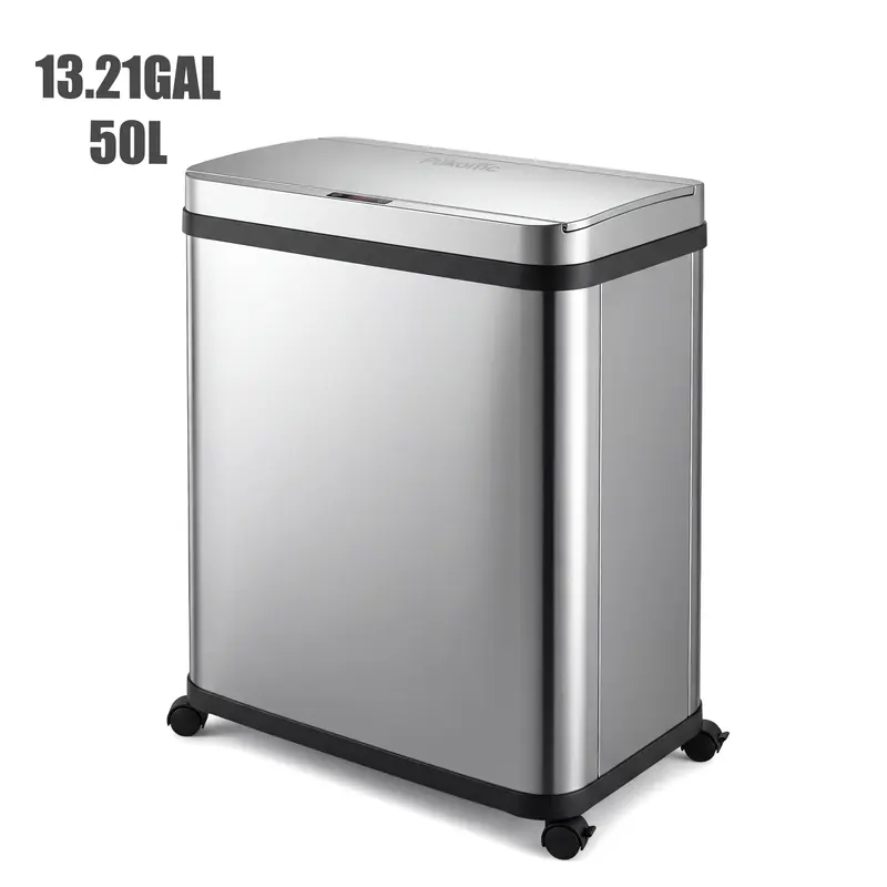 Pukomc 50L(13.21Gal) Stainless Steel Smart Sensor Wastebasket - Touchless Motion Sensor Trash Can with Infrared Induction, 4 Universal Casters (2 Lockable), Movable Home Kitchen Bin