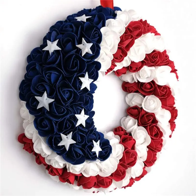 July 4th Wreath Patriotic Americana Wreath Boxwood Handcrafted Memorial Day Wreath Festival Garland Decoration Front Door Wall Home Decor (Blue)