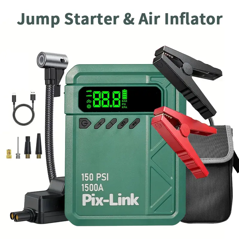 Portable Car Jump Starter with Air Compressor - 1500A Peak Current, 150 PSI Tire Inflator, 10000mAh Power Bank, LED Flashlight for Cars, Bikes battery switch